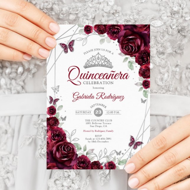 Convites Burgundy Watercolor Quinceanera Floral (Criador carregado)