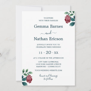 Convites Burgundy Watercolor Rosas Romântica Casamento Teal