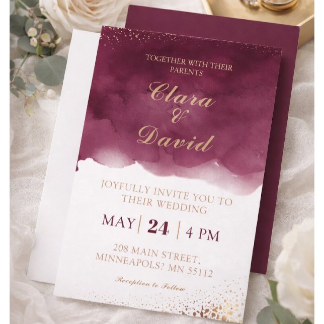 Convites Burgundy Watercolor Wedding Invitation (Criador carregado)