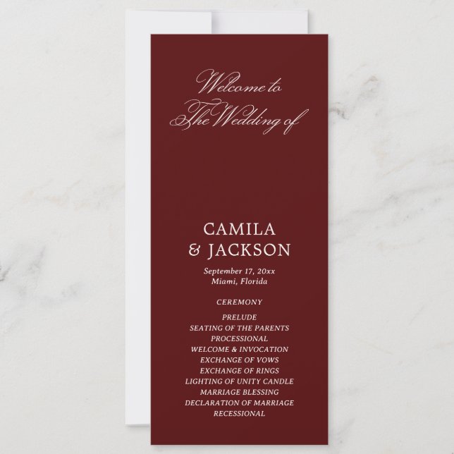 Convites Burgundy Wedding Flat Program (Frente)
