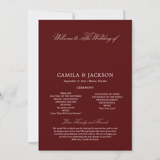 Convites  Burgundy Wedding Flat Program (Frente)
