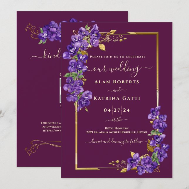 Convites Burgundy Wedding RSVP QR Code Violets Gold Frame (Frente/Verso)