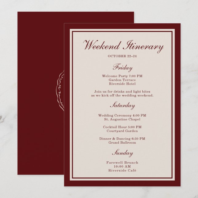 Convites Burgundy Wedding Weekend Itinerary Card (Frente/Verso)