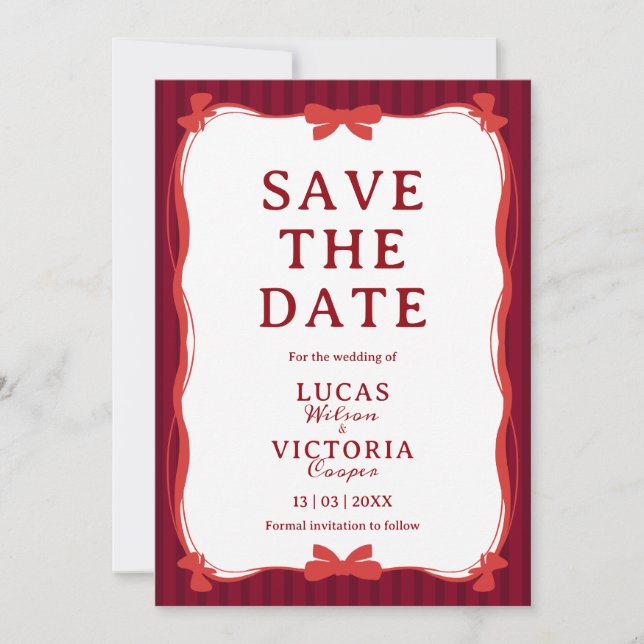 Convites Burgundy Whimsical Red Bow Save The Date (Frente)