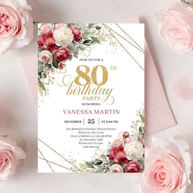 Convites Burgundy white floral 80th birthday invite green  (Burgundy white floral 80th birthday invite with greenery

)
