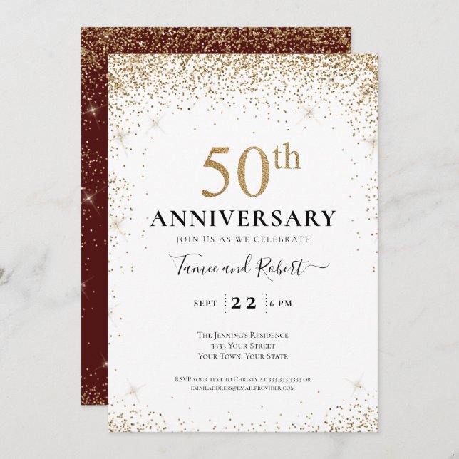 Convites Burgundy White Gold 50th Wedding Anniversary  (Frente/Verso)