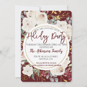 Convites Burgundy White Rose Floral Holiday Party