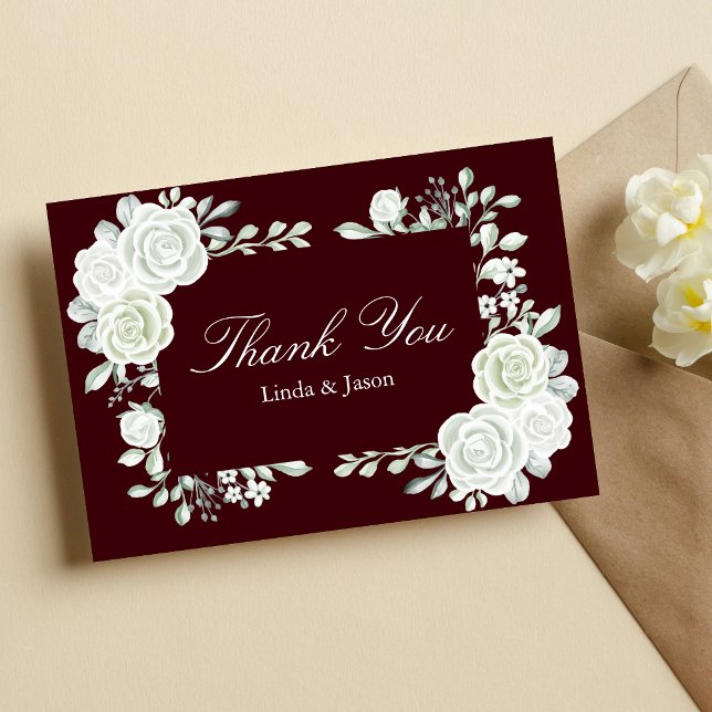 Convites Burgundy White Roses Wedding Thank You Cards (Criador carregado)