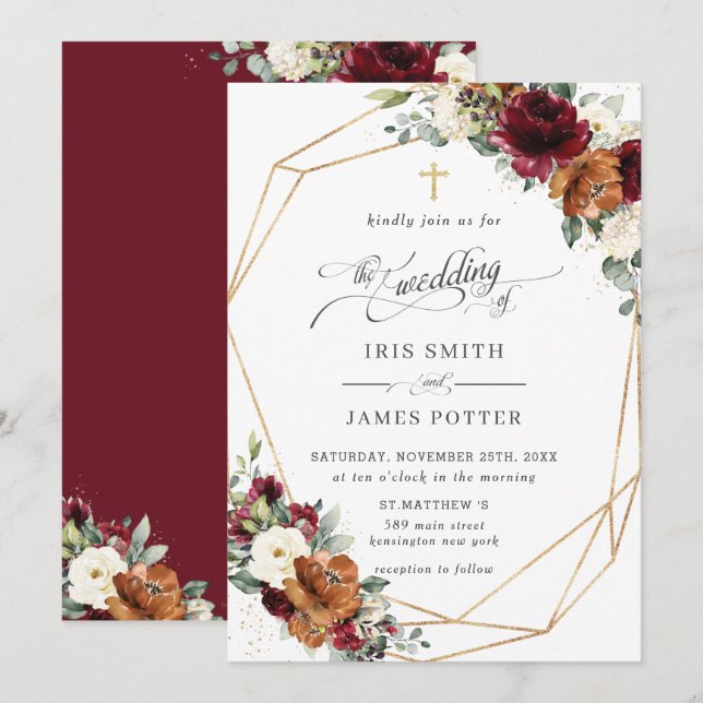 Convites Burgundy White Rust Orange Floral Church Wedding   (Frente/Verso)