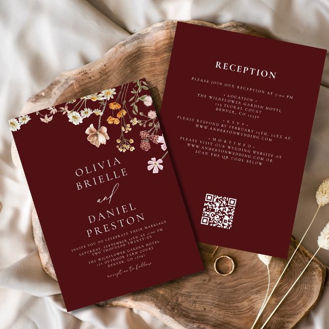 Convites Burgundy Wildflower All in One QR Code Casamento (Criador carregado)