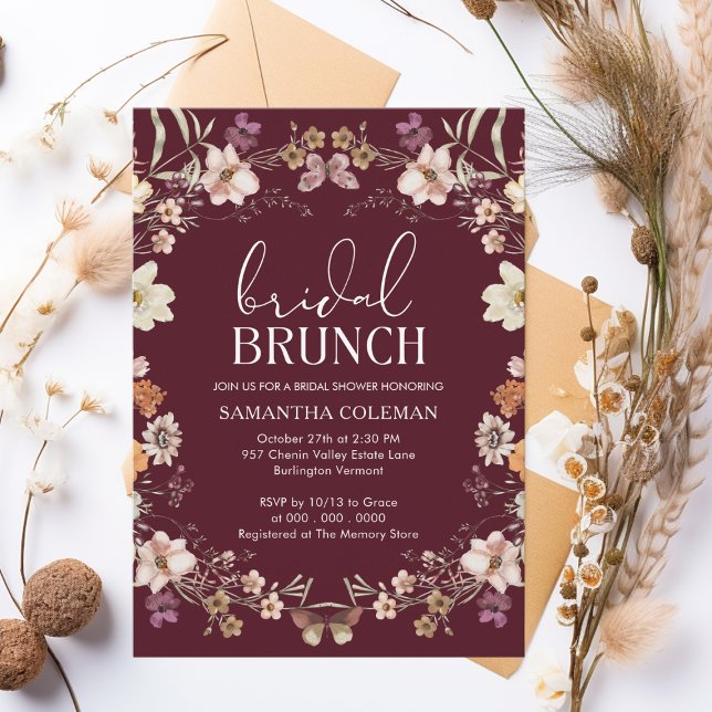 Convites Burgundy Wildflower Bridal BrunChá de panela (Criador carregado)