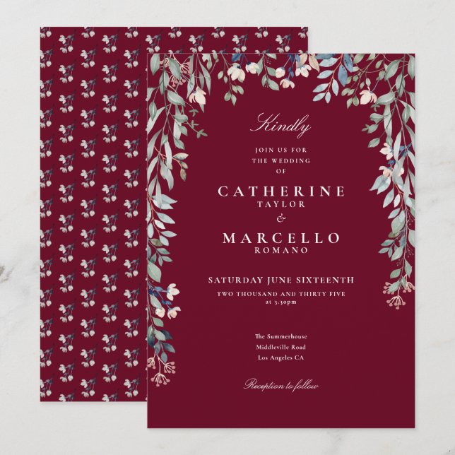 Convites Burgundy Wildflower Floral Greenery Casamento (Frente/Verso)