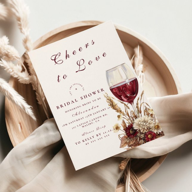 Convites Burgundy Wine Glass Floral Bridal Shower (Criador carregado)