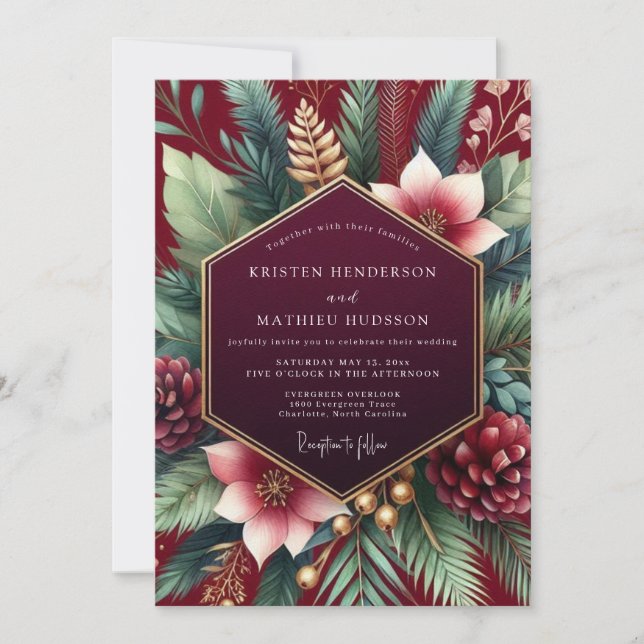 Convites Burgundy Winter Botanical Wedding (Frente)