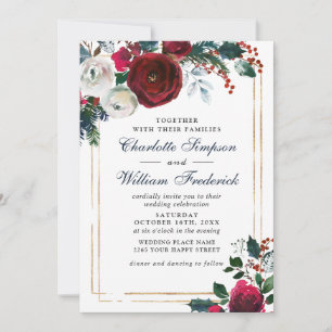 Convites Burgundy Winter Rosas Foliage Watercolor Casamento