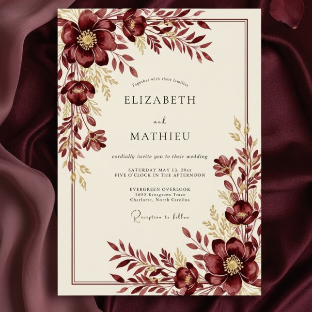 Convites Burgundy Wintry Floral Wedding (Criador carregado)