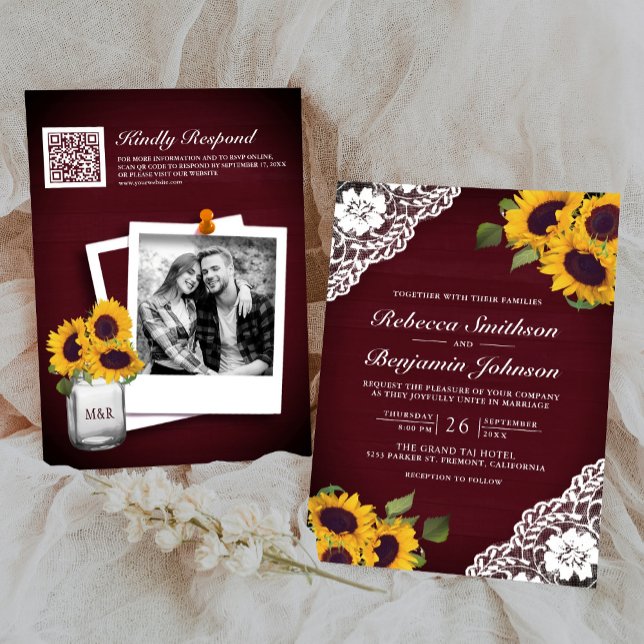 Convites Burgundy Wood Lace Sunflower Photo Código QR Casam (Criador carregado)