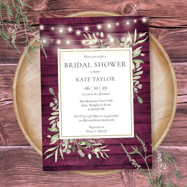 Convites Burgundy Wood String Luz Chá de panela Verde (Burgundy Wood String Lights Greenery Bridal Shower Invitation)