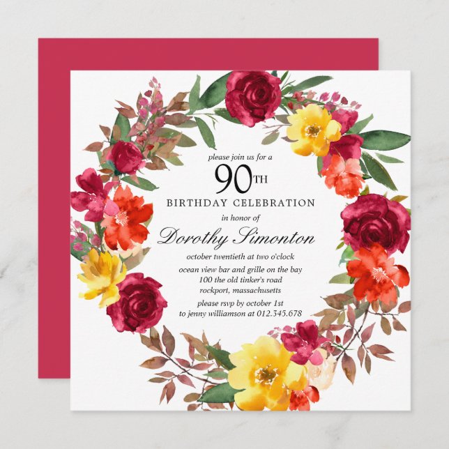 Convites Burgundy Yellow Orange Floral 90 Birday (Frente/Verso)