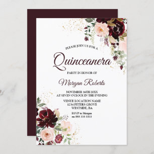 Convites Burguns Blush Red Wine Floral Quinceanera Party