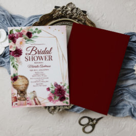 Convites Burgunte Vinho Boho Aquarela Chá de panela Floral