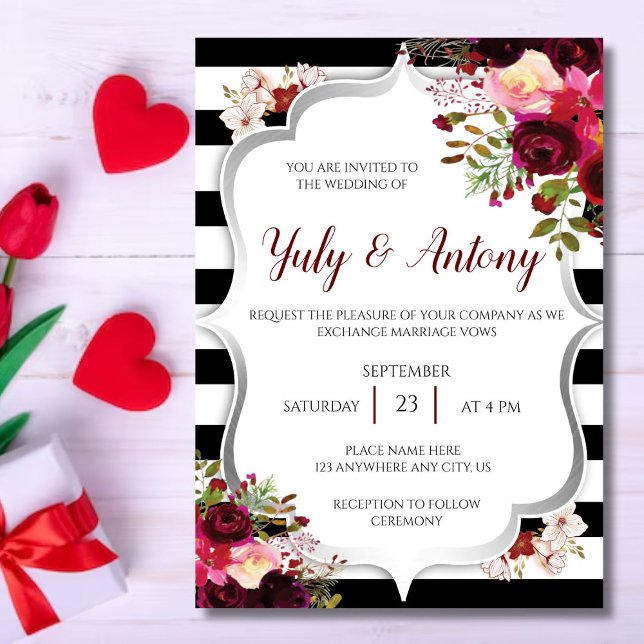 Convites Burguny Template Invitación boda rojo borgoña  (Invitacion flores rojo borgoña con lineas negras y bordes grises, perfecta para una hermosa boda)