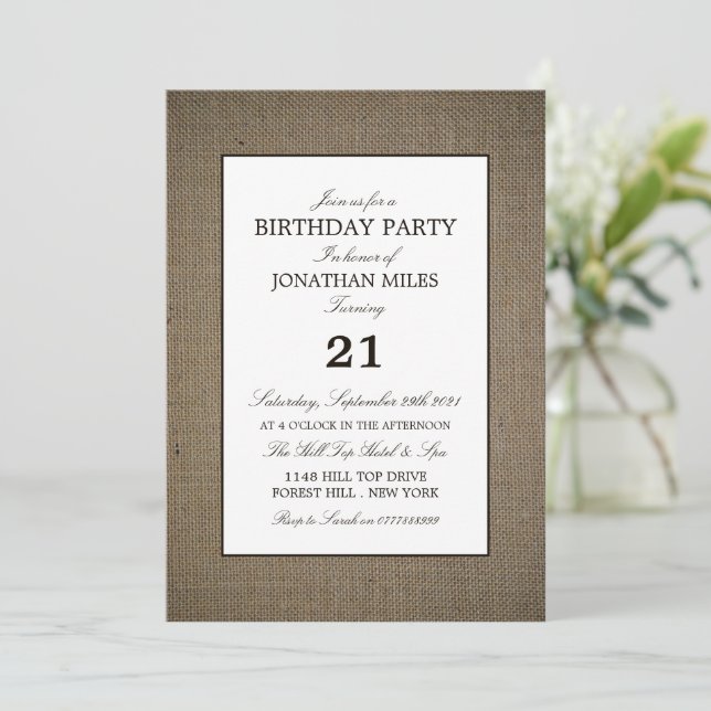 Convites Burlap and Wood, Rustic Birthday (Em pé/Frente)