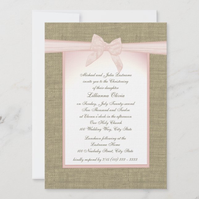 Convites Burlap Baby Pink Christening (Frente)