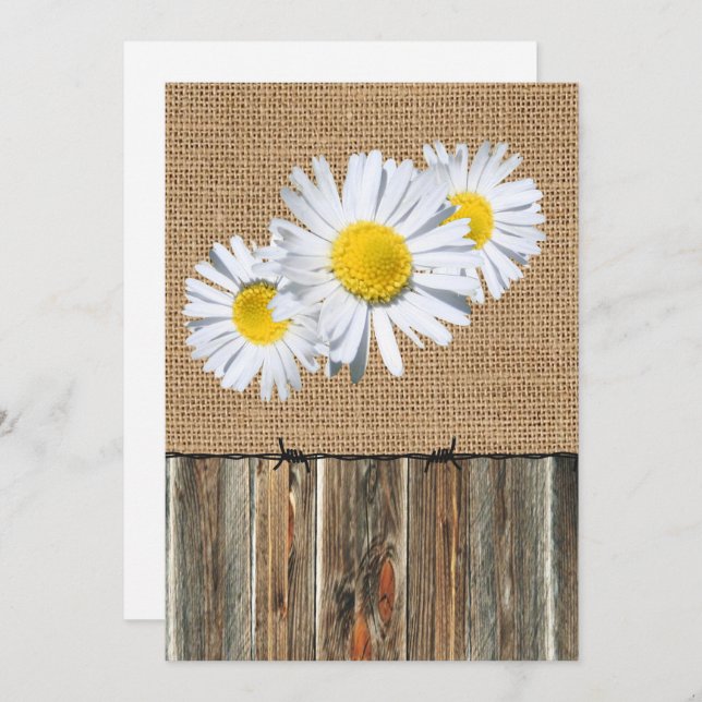 Convites Burlap Barnwood Barbed Wire e Daisies Convidam (Frente/Verso)