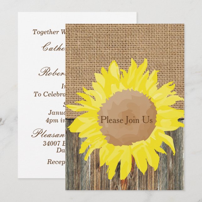 Convites Burlap Barnwood e Sunflower Invation Modelo (Frente/Verso)