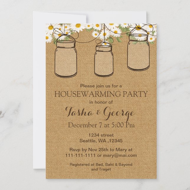 Convites Burlap Daisies Mason Jars Invite (Frente)