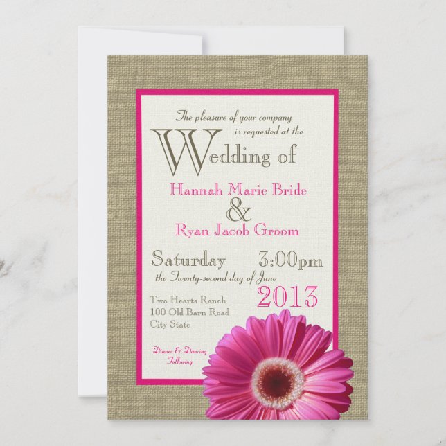 Convites Burlap Fuchsia Gerbera Daisy Wedding (Frente)