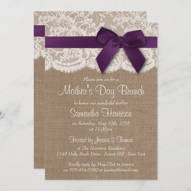 Convites Burlap, Lace e Arco Roxo Brunch (Frente/Verso)