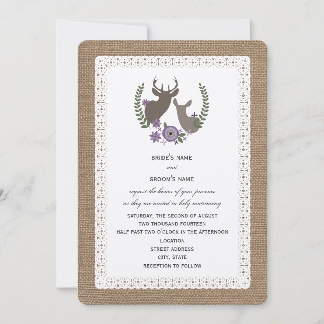 Convites Burlap + Lace Inspirou Deer Buck + Doce Purple (Frente)