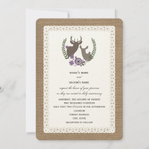 Convites Burlap + Lace Inspirou Deer Buck + Doce Purple