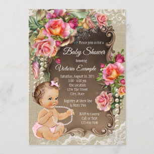 Convites Burlap Lace Pearl Rustic Baby Shower Invants