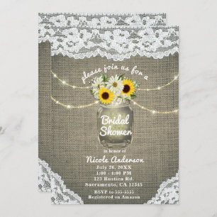Convites Burlap Lace Sunflower & Daisies Mason Jar Rustic