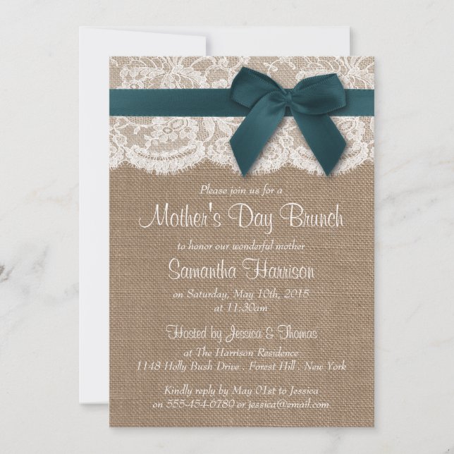 Convites Burlap, Lace & Teal Arco Brunch (Frente)
