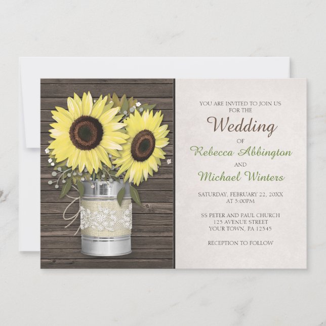 Convites Burlap & Lace Tin Can Sunflower Invitation (Frente)