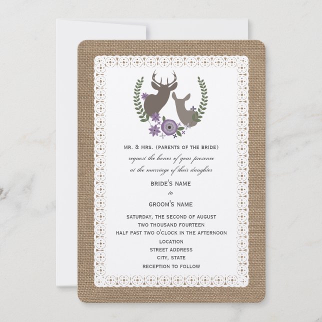 Convites Burlap + Lace Wedding Buck + Doe Deer - Roxo (Frente)