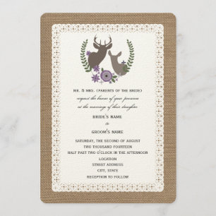 Convites Burlap + Lace Wedding Buck + Doe Deer - Roxo