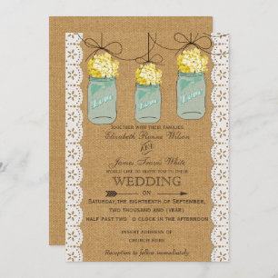 Convites Burlap Lace yellow hydrangeas mason jars convida