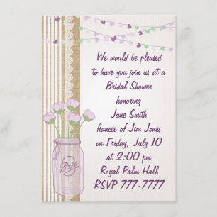 Convites Burlap Lilac Roxo Mason Jar Chá de panela Invita