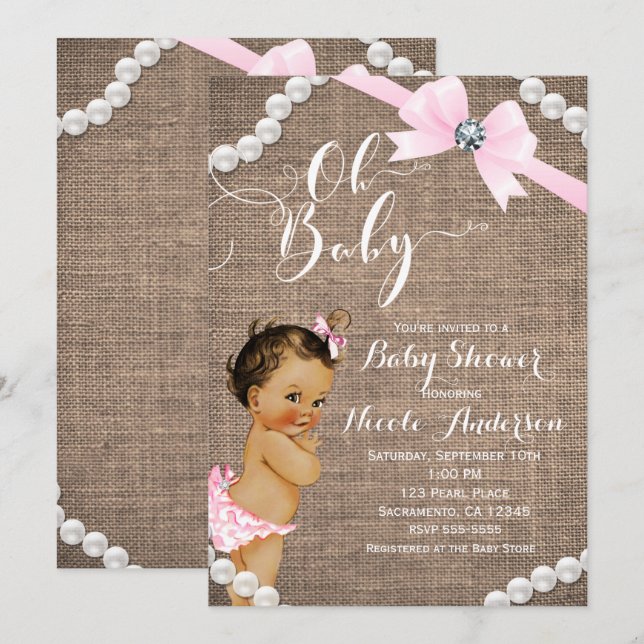 Convites Burlap & Pearls - Arco Rosa Brunette - Chá de fral (Frente/Verso)