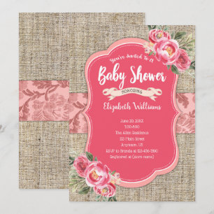 Convites Burlap Pink Watercolor Flowers Chá de fraldas Rap