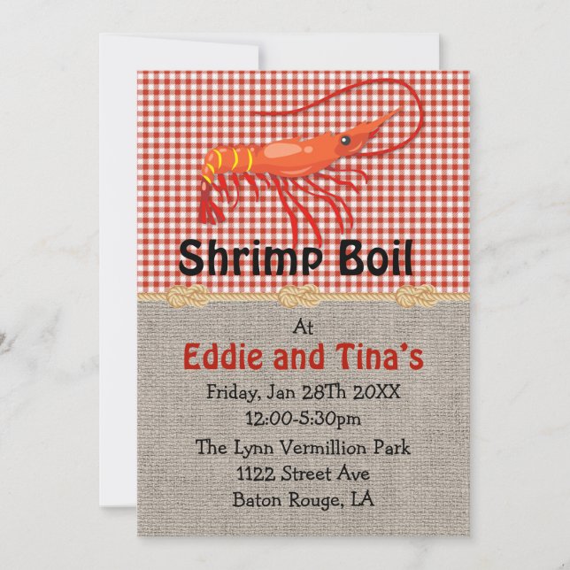 Convites Burlap Red Gingham Shrimp Boil (Frente)