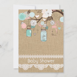 Convites Burlap Rustic Lace Mason Jar Chá de fraldas Invita