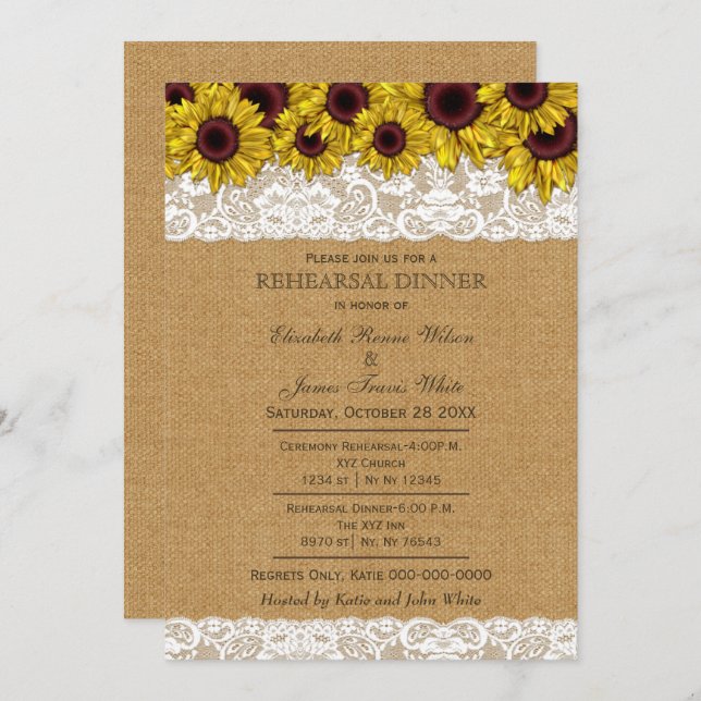 Convites Burlap Rustic Sunflower janta convida (Frente/Verso)