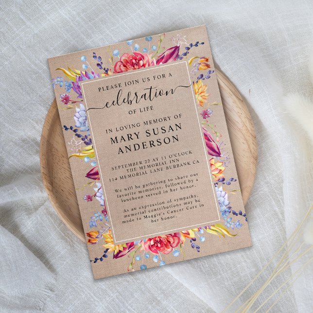 Convites Burlap Succulents Celebração do Memorial da Vida (Criador carregado)