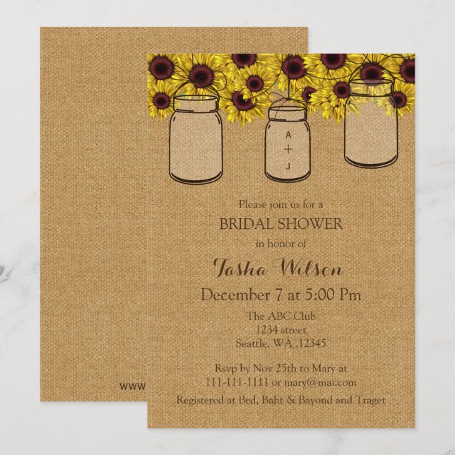 Convites Burlap Sunflower Mason Jars Chá de panela Invite (Frente/Verso)